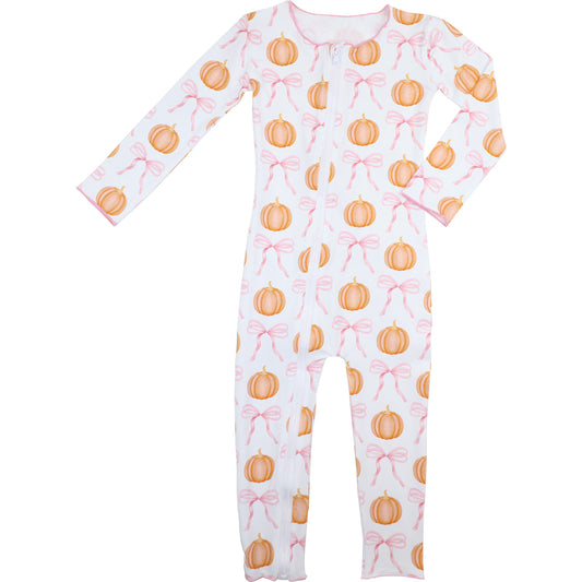 zipper pajama with pumpkin and bow pattern on a white background