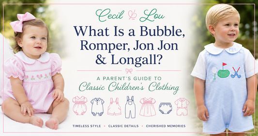 Cecil & Lou classic children’s clothing guide featuring a baby bubble, boys’ Jon Jon and traditional outfit illustrations.