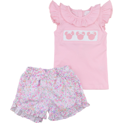 Pink Floral Smocked Mouse Ears Short Set