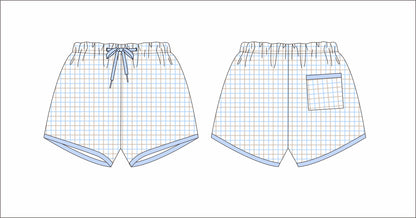 Blue And Khaki Windowpane Swim Trunks