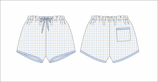 Blue And Khaki Windowpane Swim Trunks