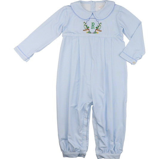 Blue Gingham Knit Embroidered Mallards Long Romper