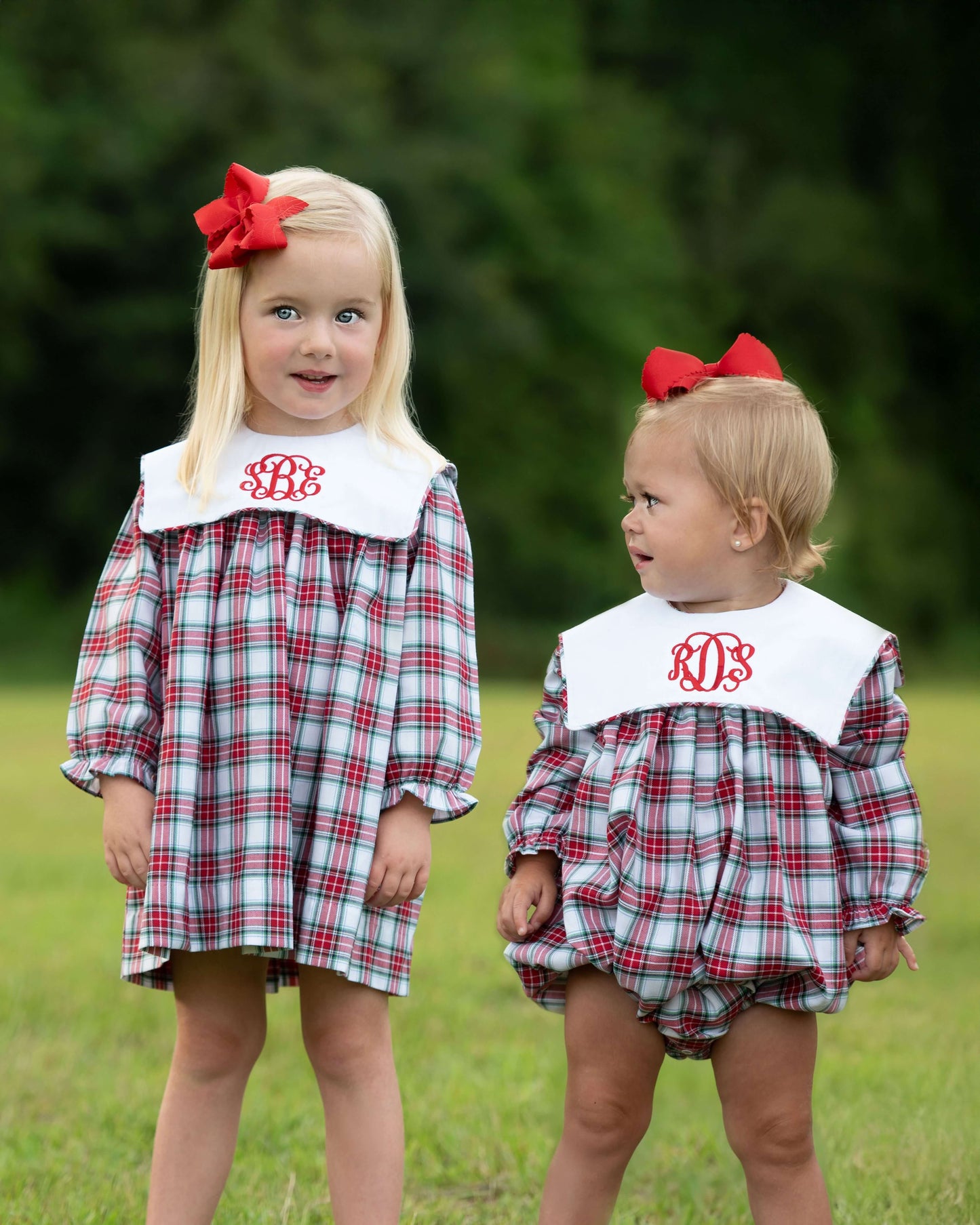Girl's Red And Green Plaid Square Collar Bubble