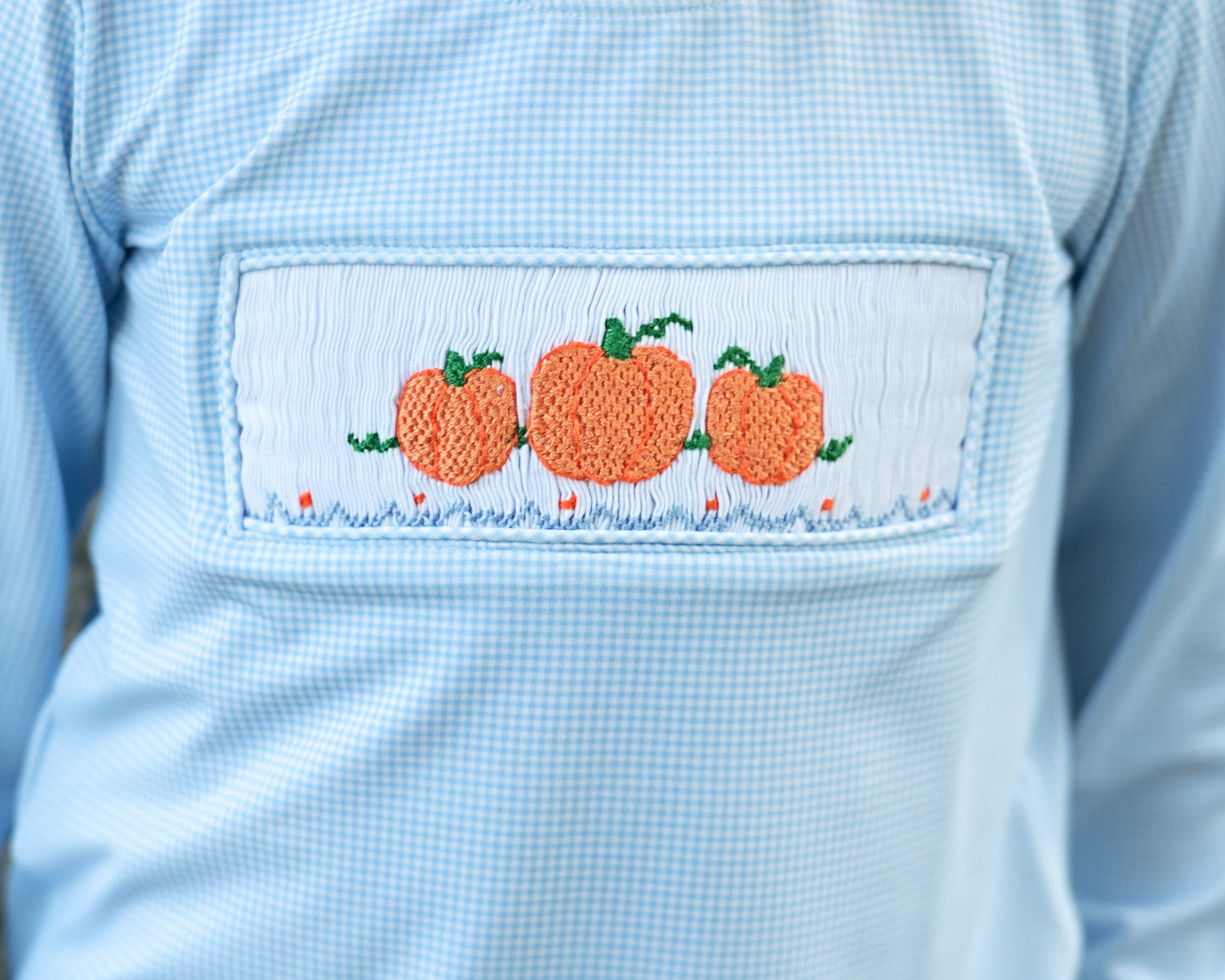 Blue Knit Gingham Smocked Pumpkin Shirt