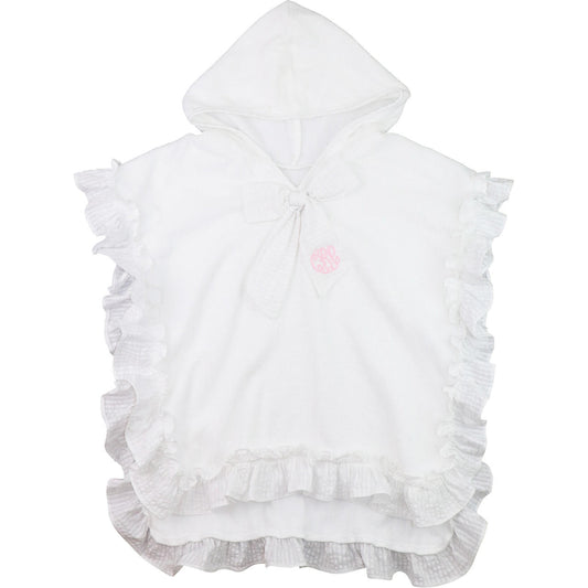 White ruffled hooded baby poncho on a white background
