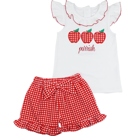 Red Gingham Applique Apples Knit Short Set
