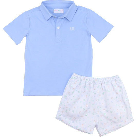 Blue Alphabet Polo Short Set