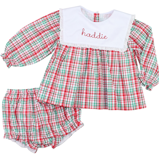 Green And Red Plaid Eyelet Diaper Set