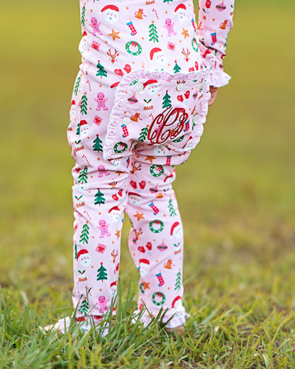 Pink Knit Yuletide Print Zipper Pajamas