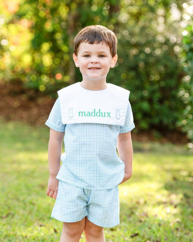 Blue And Green Windowpane Embroidered Bunny Short Set