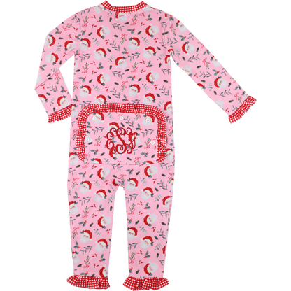 Pink Knit Santa And Holly Zipper Pajamas