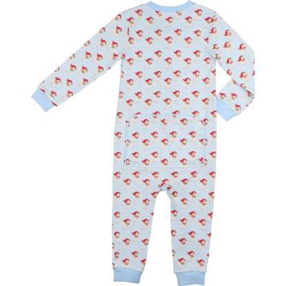 Blue And Red Gingham Knit Santa Zipper Pajamas