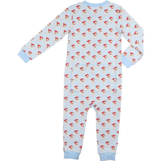 Blue And Red Gingham Knit Santa Zipper Pajamas