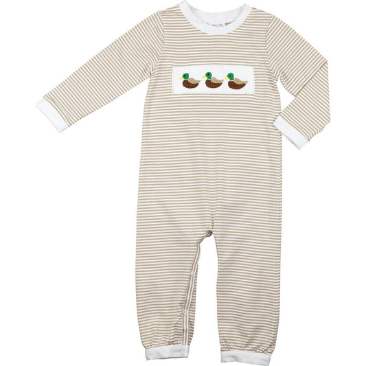 Khaki Stripe Knit Smocked Mallard Long Romper