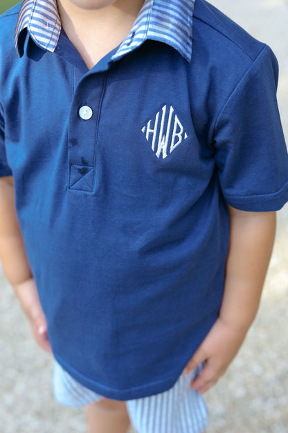 Navy Seersucker Polo Short Set