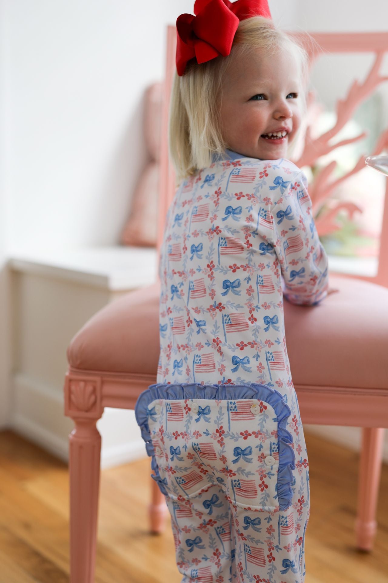 Flag And Bow Print Knit Zipper Pajamas