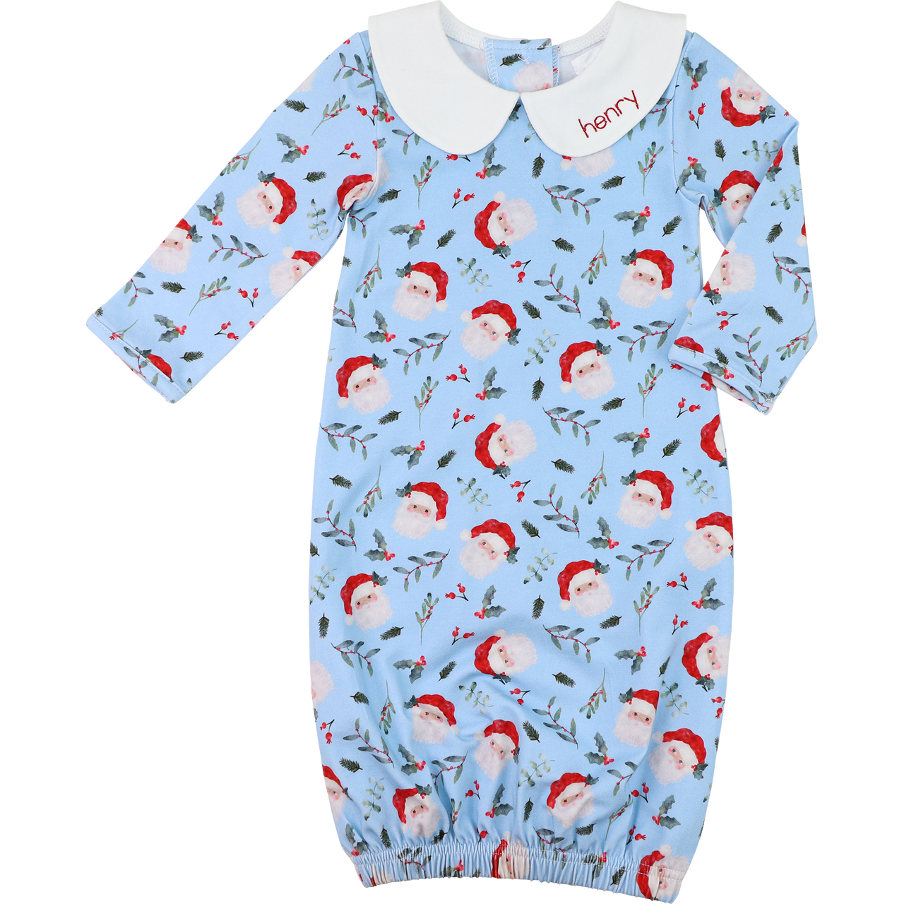Blue Knit Santa And Holly Print Baby Gown