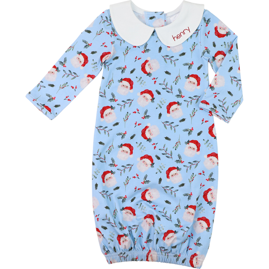 Blue Knit Santa And Holly Print Baby Gown
