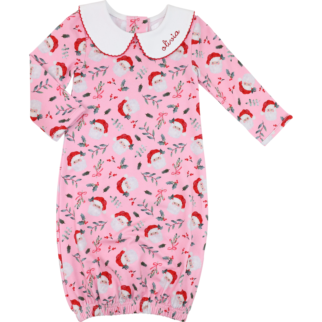 Pink Knit Santa And Holly Print Baby Gown