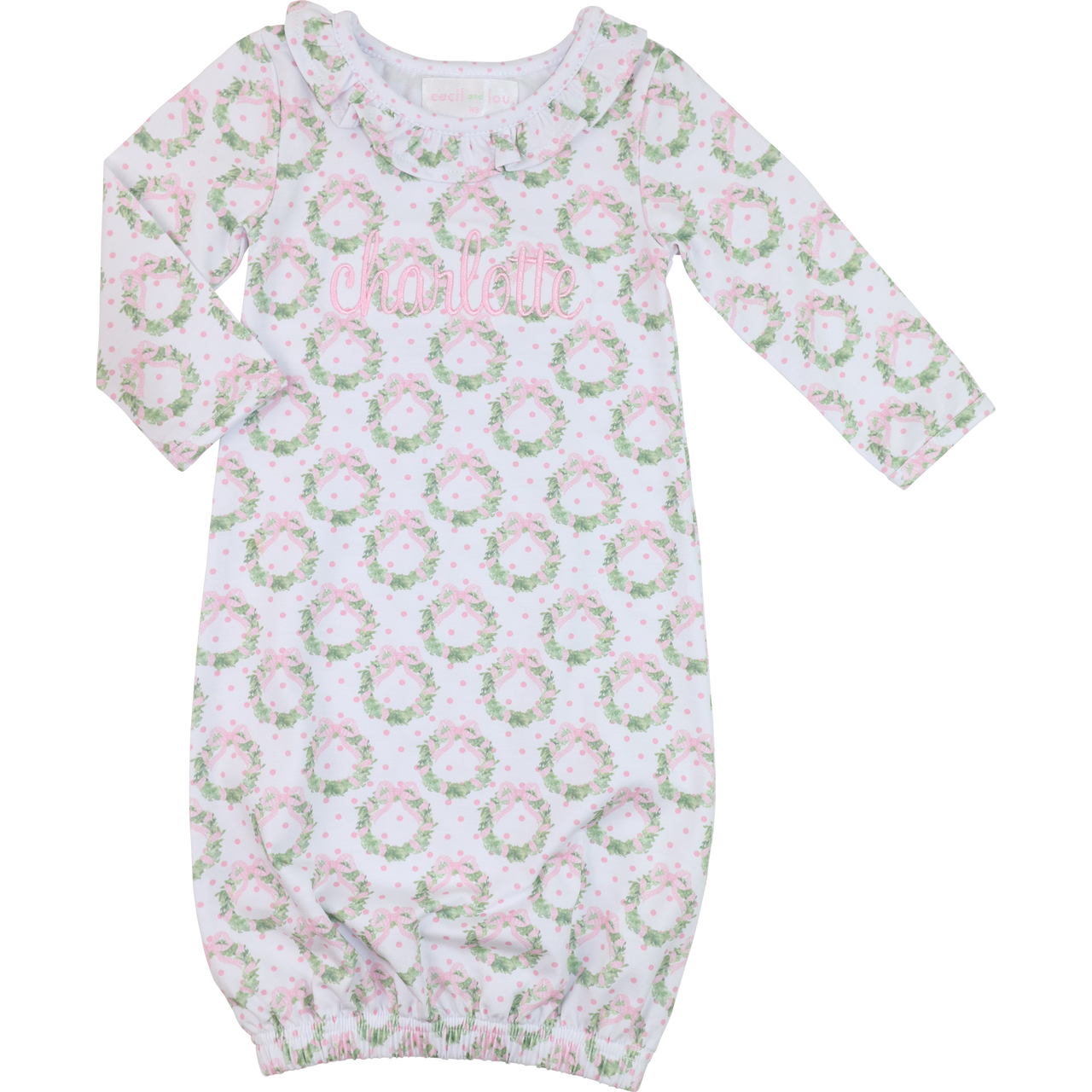 Pink And Green Knit Christmas Wreath Baby Gown