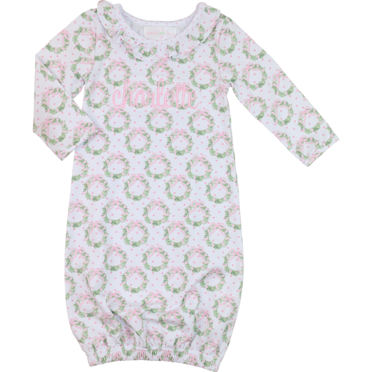 Pink And Green Knit Christmas Wreath Baby Gown