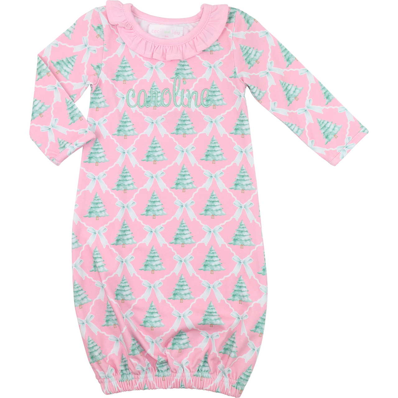 Pink And Green Knit Christmas Tree And Ribbon Baby Gown