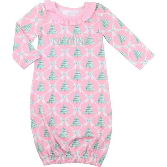 Pink And Green Knit Christmas Tree And Ribbon Baby Gown