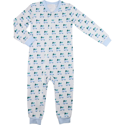 Blue Knit Christmas Car Print Zipper Pajamas