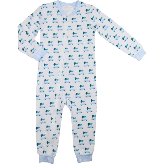 Blue Knit Christmas Car Print Zipper Pajamas
