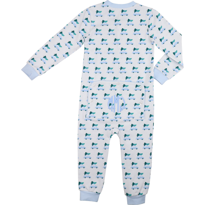 Blue Knit Christmas Car Print Zipper Pajamas