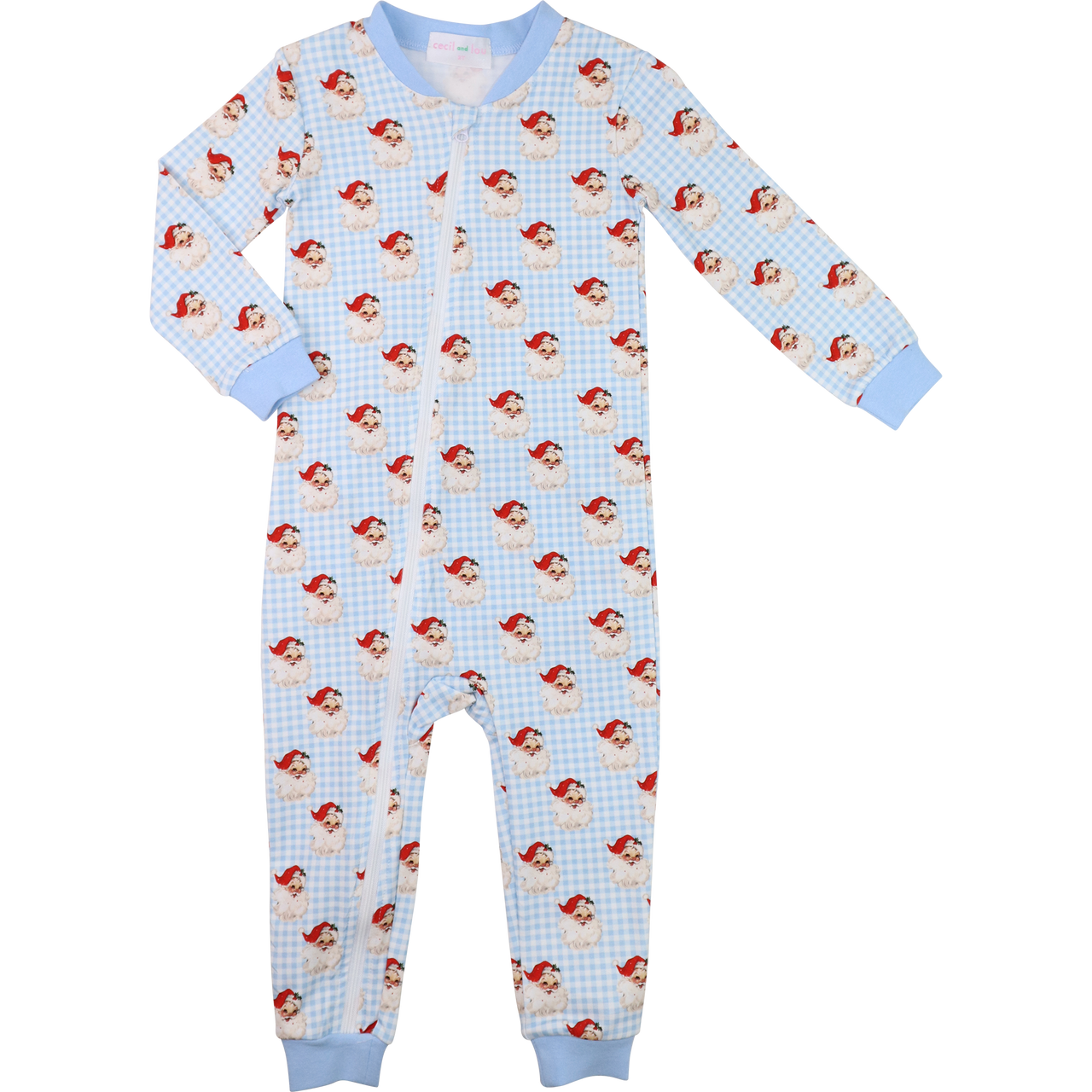Blue Knit Gingham Santa Face Zipper Pajamas