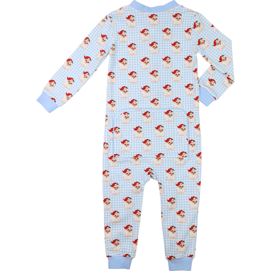 Blue Knit Gingham Santa Face Zipper Pajamas