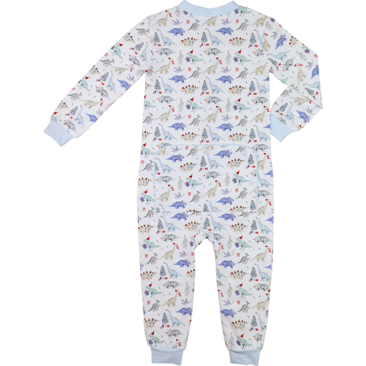 Blue Knit Holiday Dinosaur Zipper Pajamas