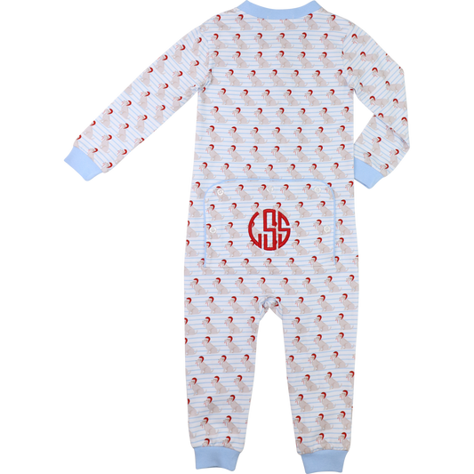 Blue Knit Stripe Holiday Puppy Zipper Pajamas