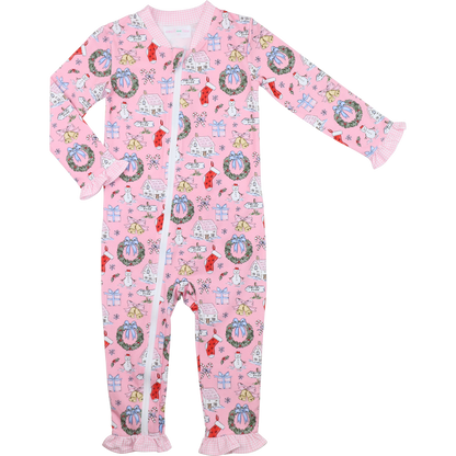 Pink Knit Christmas Print Zipper Pajamas