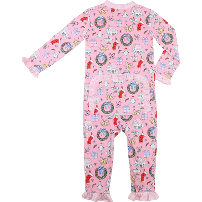 Pink Knit Christmas Print Zipper Pajamas