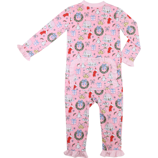 Pink Knit Christmas Print Zipper Pajamas