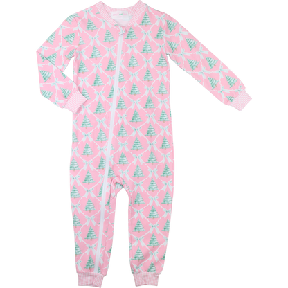 Pink And Green Knit Christmas Tree And Ribbon Zipper Pajamas