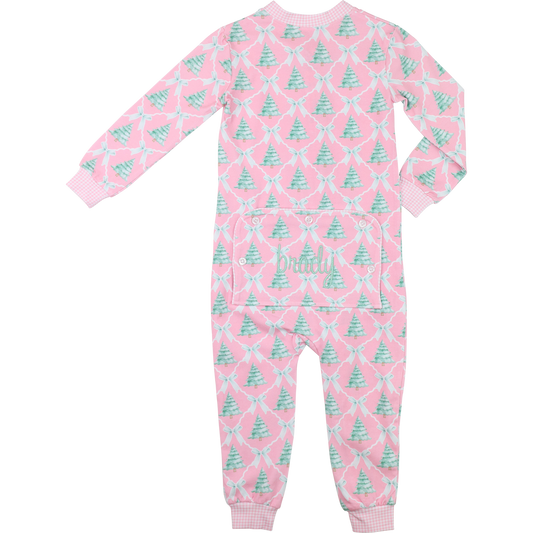 Pink And Green Knit Christmas Tree And Ribbon Zipper Pajamas