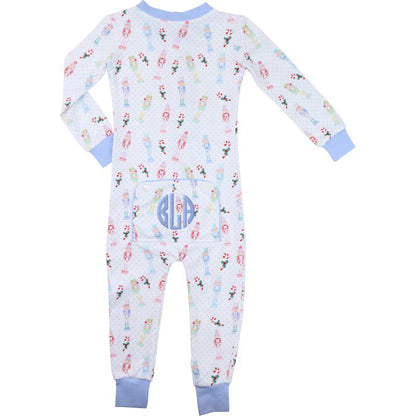 Blue Dot Knit Nutcracker Print Zipper Pajamas
