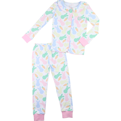 Pink Pastel Bunny And Carrot Print Knit Pajamas