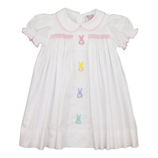 White And Pink Smocked Bunnies Dress