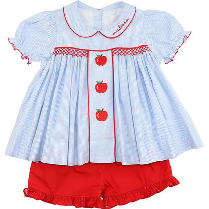 Blue Gingham Smocked Apple Short Set