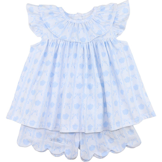 Blue Apple And Bow Knit Scalloped Short Set