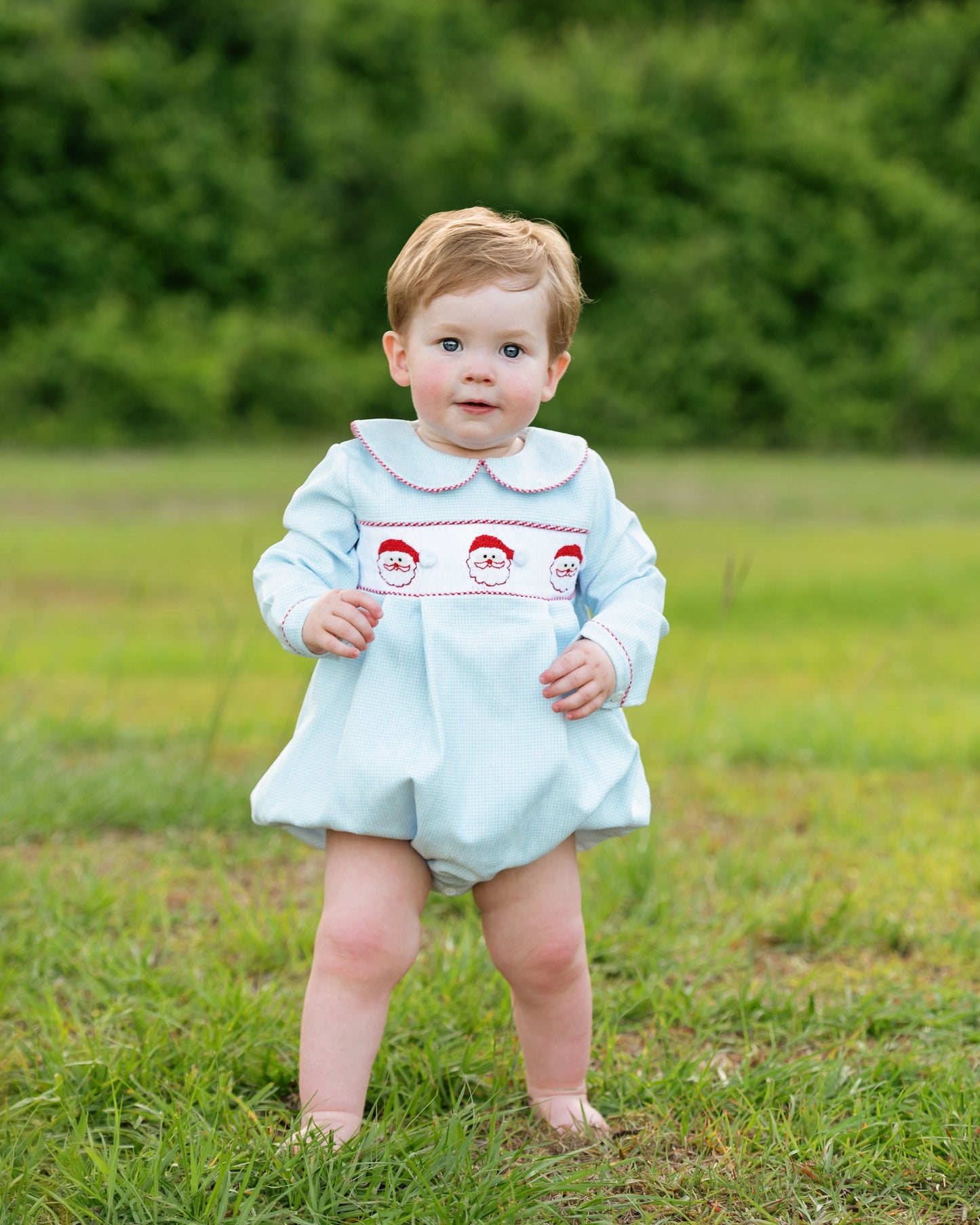 Blue Gingham Corduroy Smocked Santa Bubble