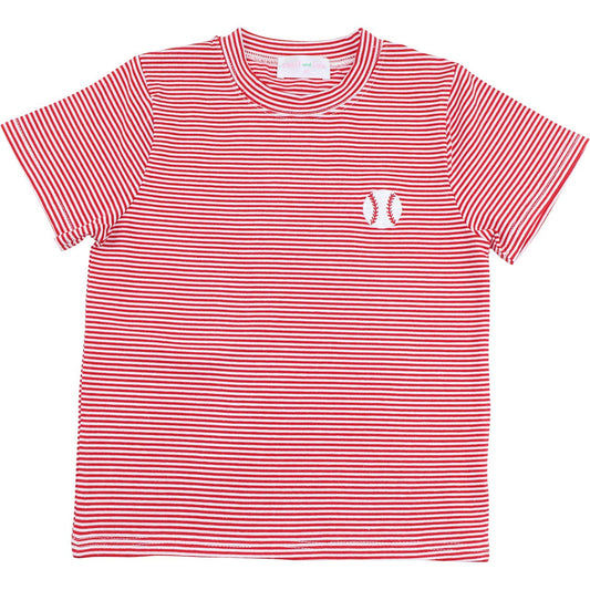 Red Stripe Knit Embroidered Baseball Shirt