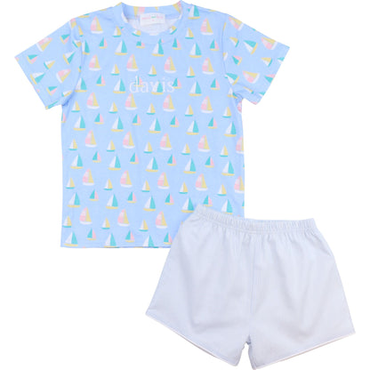 Blue Striped Sailboat Short Set
