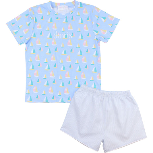 Blue Striped Sailboat Short Set