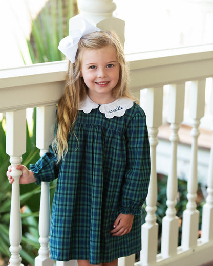 Green And Navy Plaid Scalloped Collar Dress