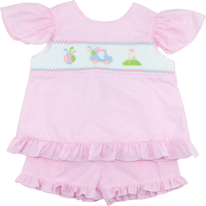 Pink Gingham Smocked Golf Short Set